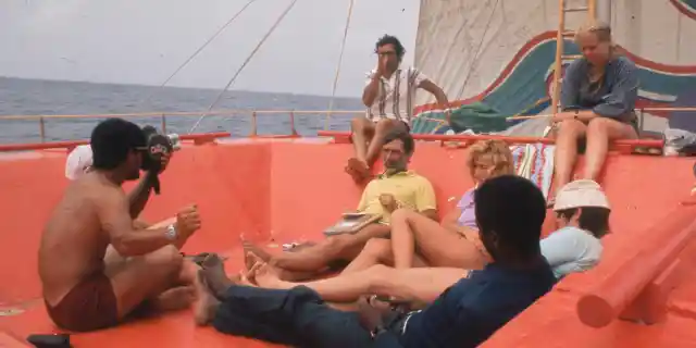 Picture of the 1973 Acali raft that crossed the Atlantic with eleven people onboard in a controversial scientific experiment in human behavior. From the documentary film The Raft directed by Marcus Lindeen.